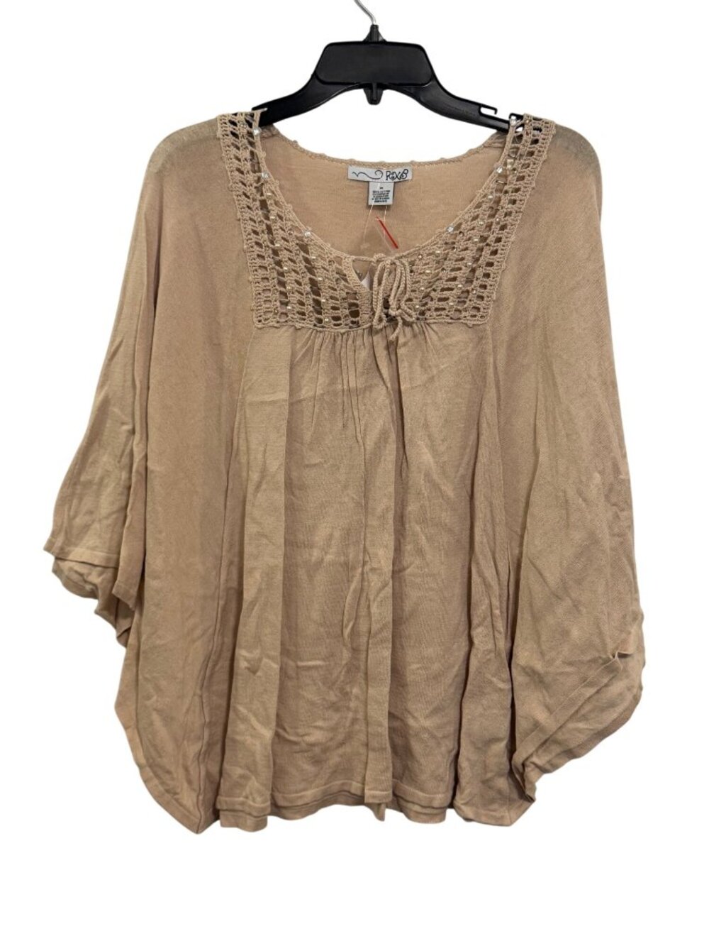 RXB Beige Crochet-Neck Tunic Top With Beaded Details 100% Cotton Size M
